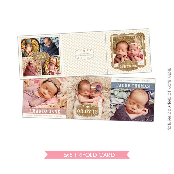 Twins birth announcement accordion card 5x5 | Doubly blessed