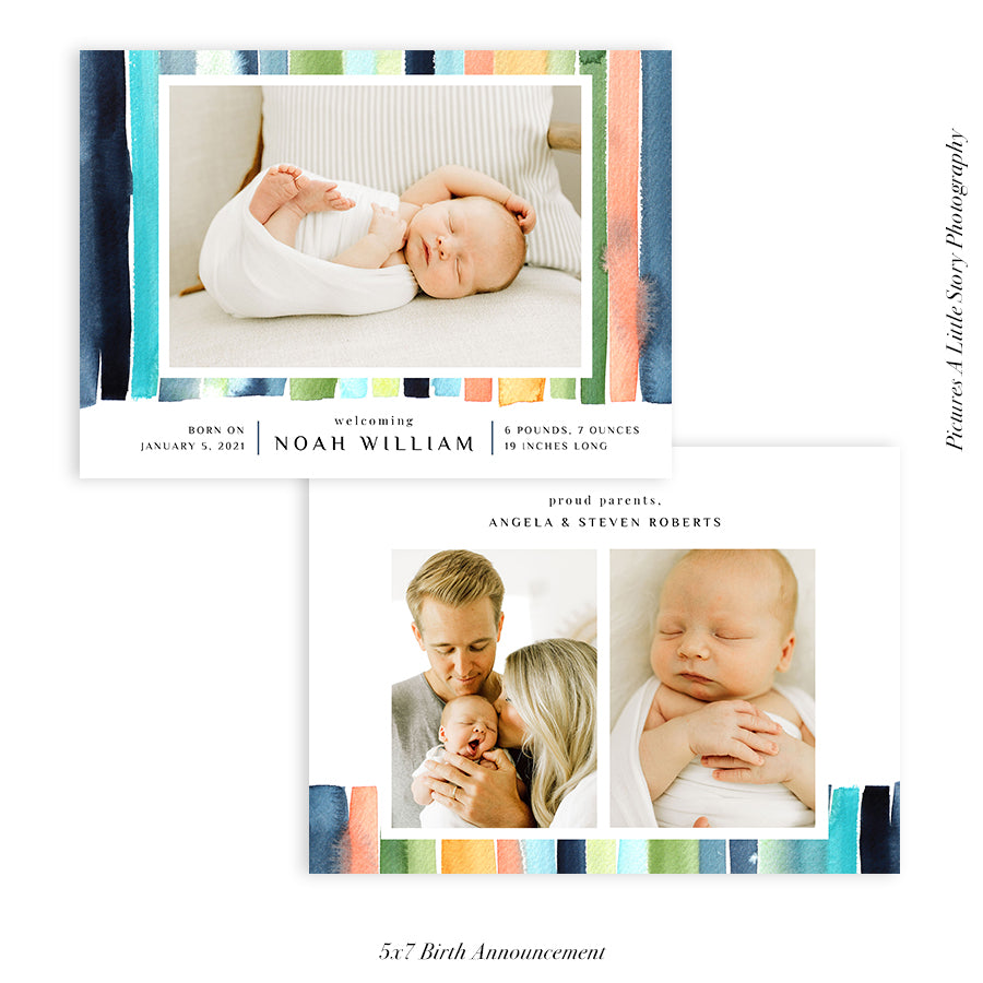 Birth Announcement Photocard | Blue Stripes