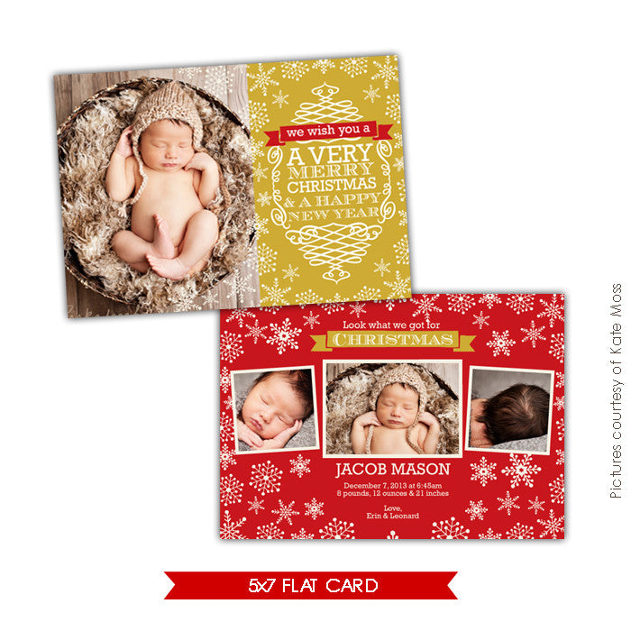 Holiday Birth Announcement Template | Golden snowflakes