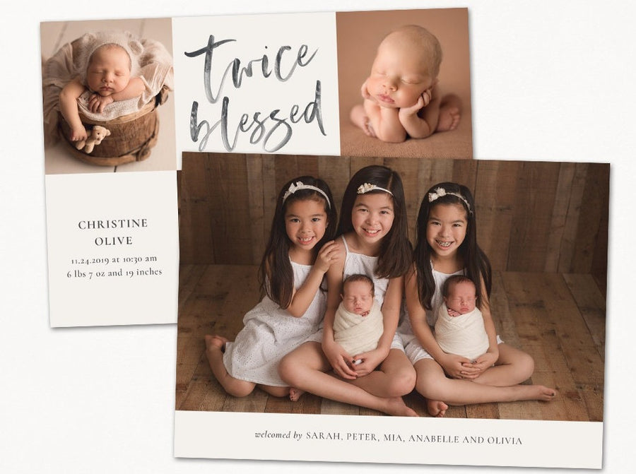 Twin Birth Announcement Template - Twin Baby Newborn Card Photoshop Template for Photographers - CB217 5x7 card - INSTANT DOWNLOAD