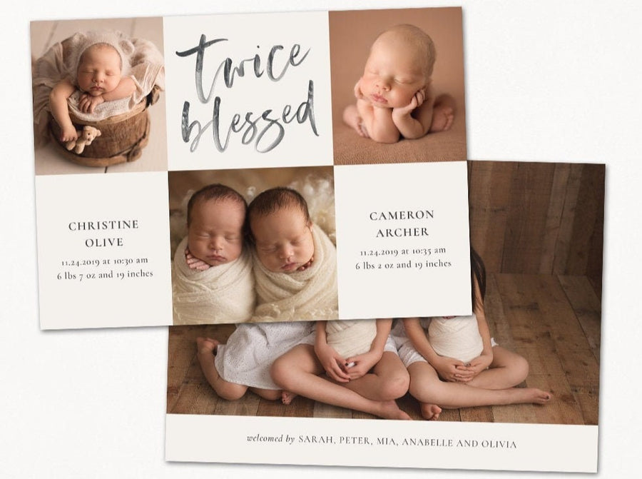 Twin Birth Announcement Template - Twin Baby Newborn Card Photoshop Template for Photographers - CB217 5x7 card - INSTANT DOWNLOAD
