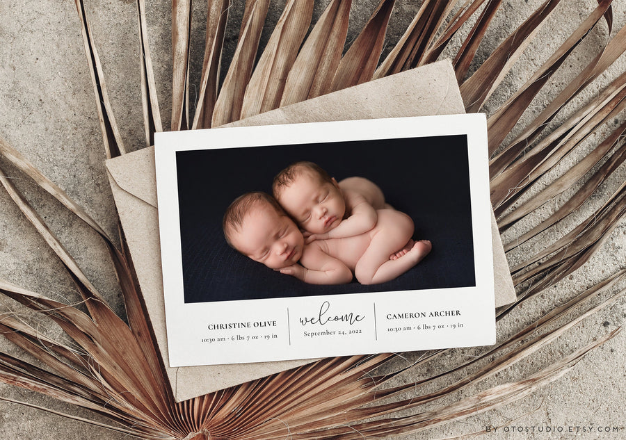 Birth Announcement Twin Baby Newborn - 5x7 Card - os09