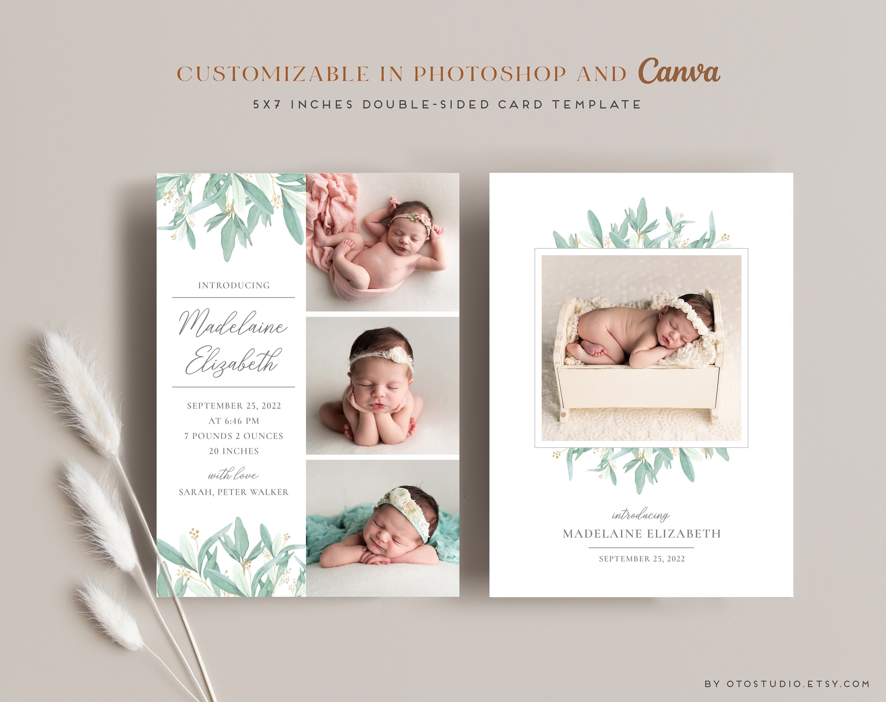 Birth Announcement Girl Newborn - 5x7 Card - os31 – Birdesign, image size:3000x2379